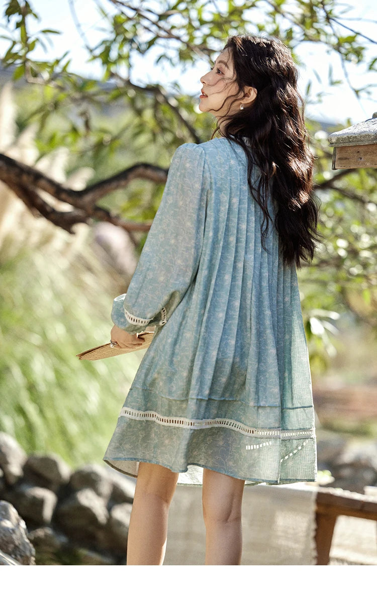 MISHOW Chiffon Printed Dress for Women Spring 2025 French V-neck Hollowed Out Lace Patchwork Medium Length Dresses MXE12L2096