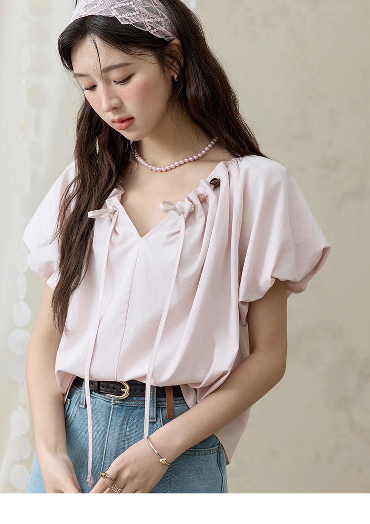 MISHOW Solid French Summer Blouses Woman 2025 New Short Puff Sleeve V-neck Beaded Retro Shirts Women Fashion Tops MXE33X1757