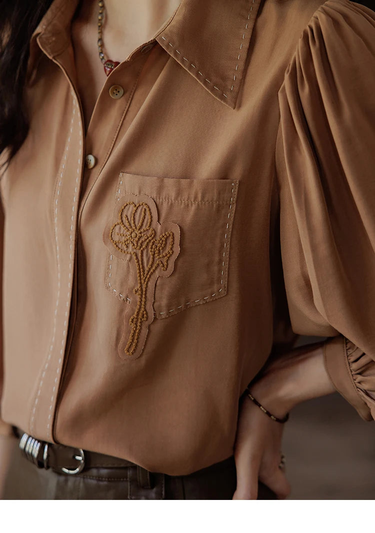 MISHOW Hong Kong Retro Solid Long Sleeve Shirt 2024 Autumn Temperament Loose Tops Lantern Sleeve Embroidery Shirts MXD41C0287