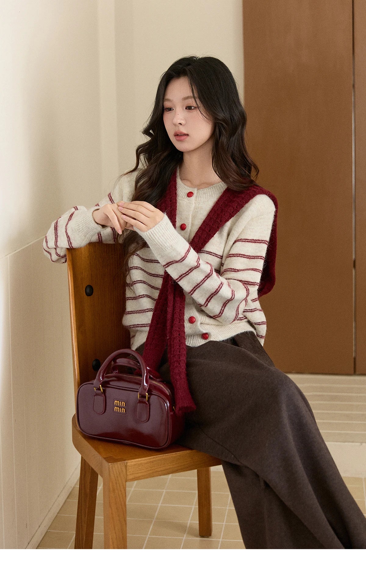 MISHOW Women's Beige Striped Knitted Cardigan 2025 Autumn Winter Red Scarf Decor Button O-Neck Warm Loose Sweaters MXE93Z2948