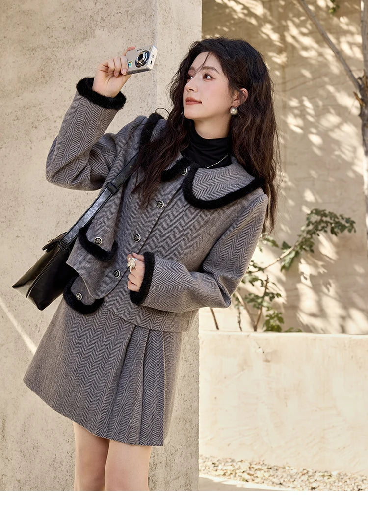 MISHOW Plaid Tweed Jacket Short Skirt Separately Women 2024 Winter Fashion Korean Collar Jacket Half Pleated Skirt MXD43W0442