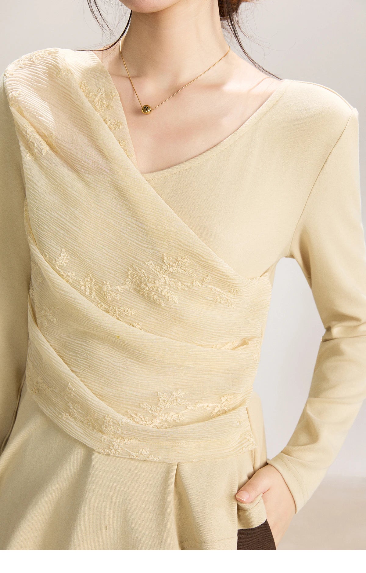 MISHOW Women's Asymmetric Lace Patchwork Tops 2026 Spring V Neck Long Sleeve Top Ruched Waist Ruffled Hem Casual Tees MXF11Z2942