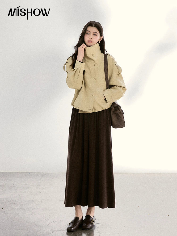 MISHOW Women's Khaki Cropped Short Leather Jacket 2026 Spring Lapel Stand Collar Double Breasted Casual Loose Coat MXF108W1000