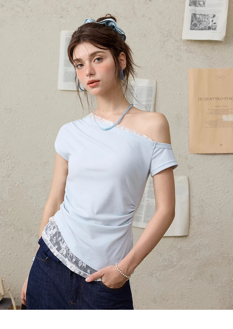 MISHOW Sexy Summer New T-shirts Women 2025 Short Sleeve Skew Collar Off-shoulder Lace Shirt Female Versatile Thin MXE31T0503