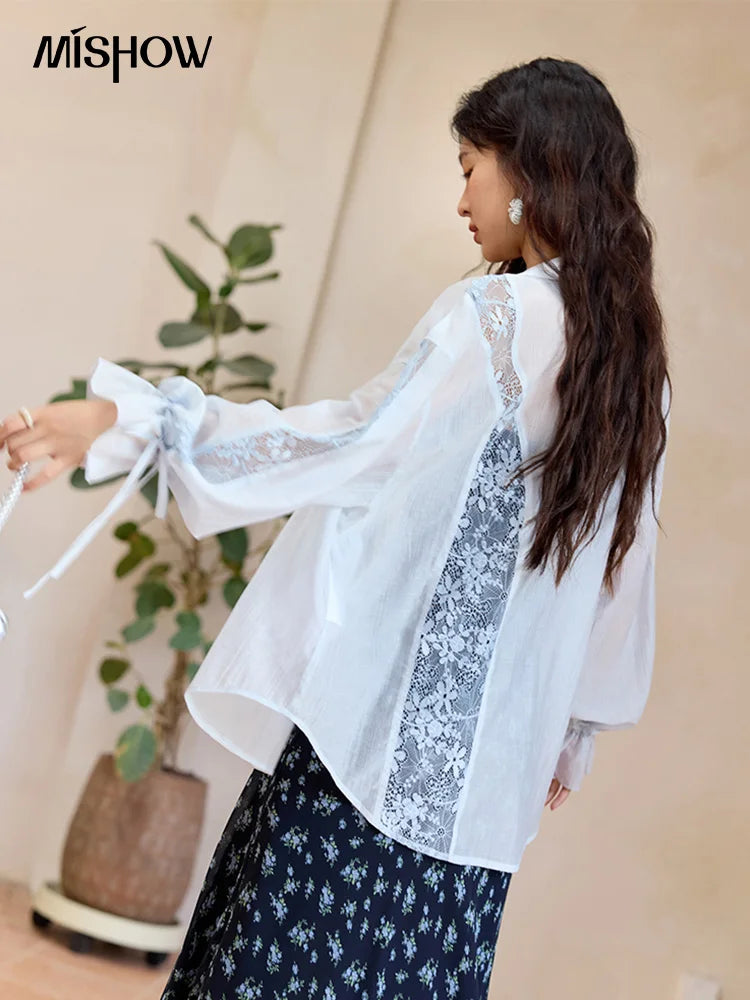 MISHOW Blend Patchwork Lace Cool Shirt Female Autumn 2025 Korean Loose Lapel Drop Sleeve Shirts Drawstring Cuffs Top MXE31C0789