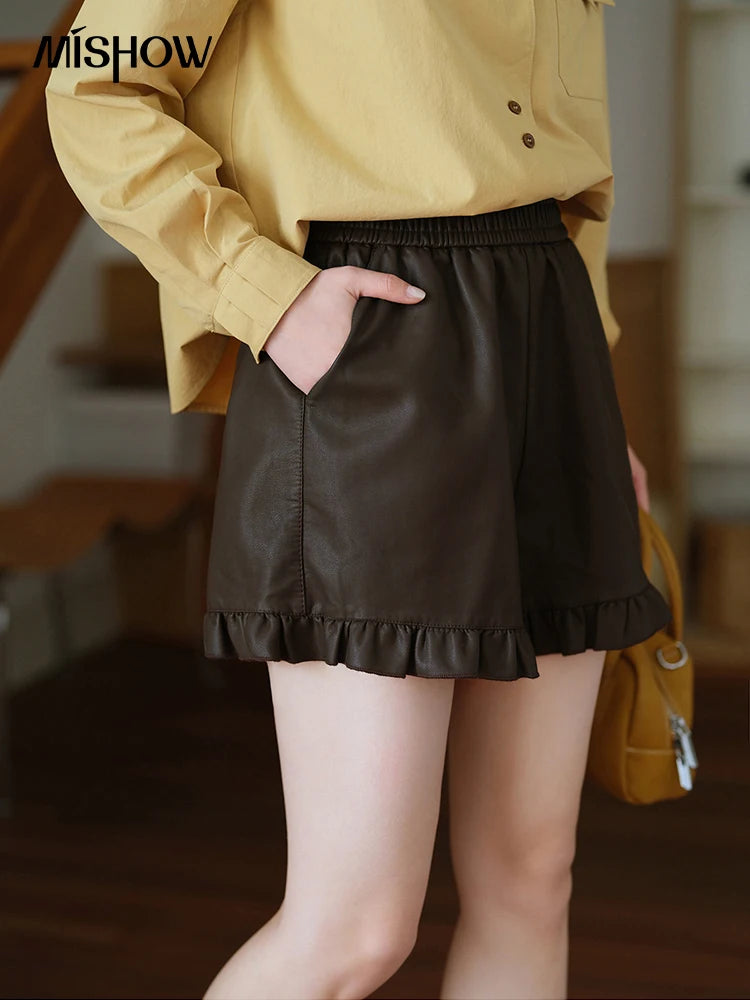 Mishow PU Leather High Waist Ruffle Hem Shorts MXE42K1068