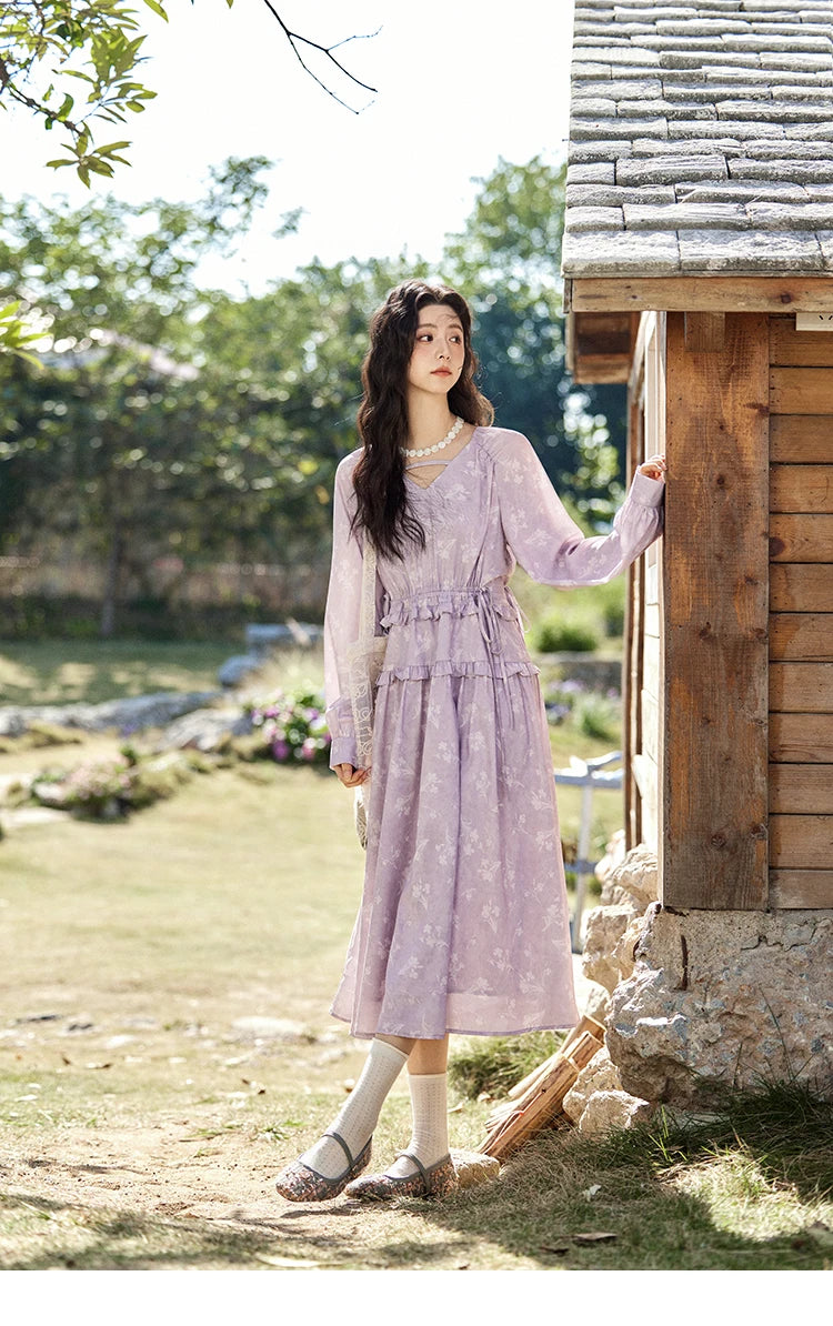 MISHOW Elegant Black Fungus Edge Dress for Women Spring 2025 Floral Lace-up Waist Dresses Long Sleeved Cake Dress MXE13L2101