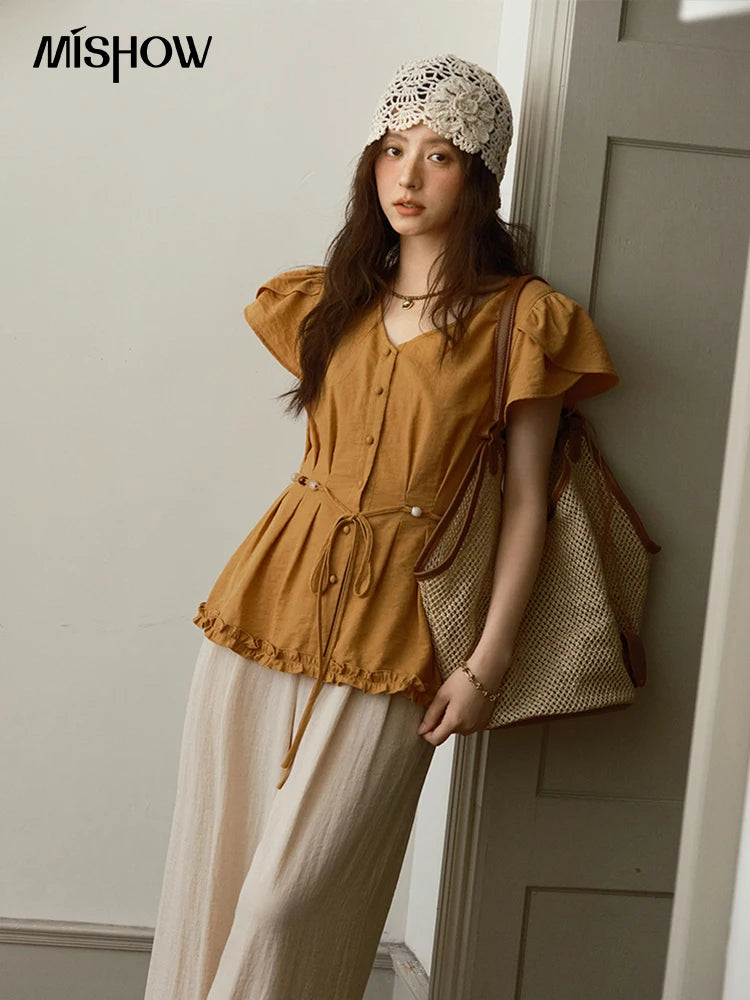 MISHOW Women's Petal Sleeve Slim Shirt 2025 Summer New V-neck Button Bead belt Black Fungus Edge Top Ladies Clothing MXE39X1881