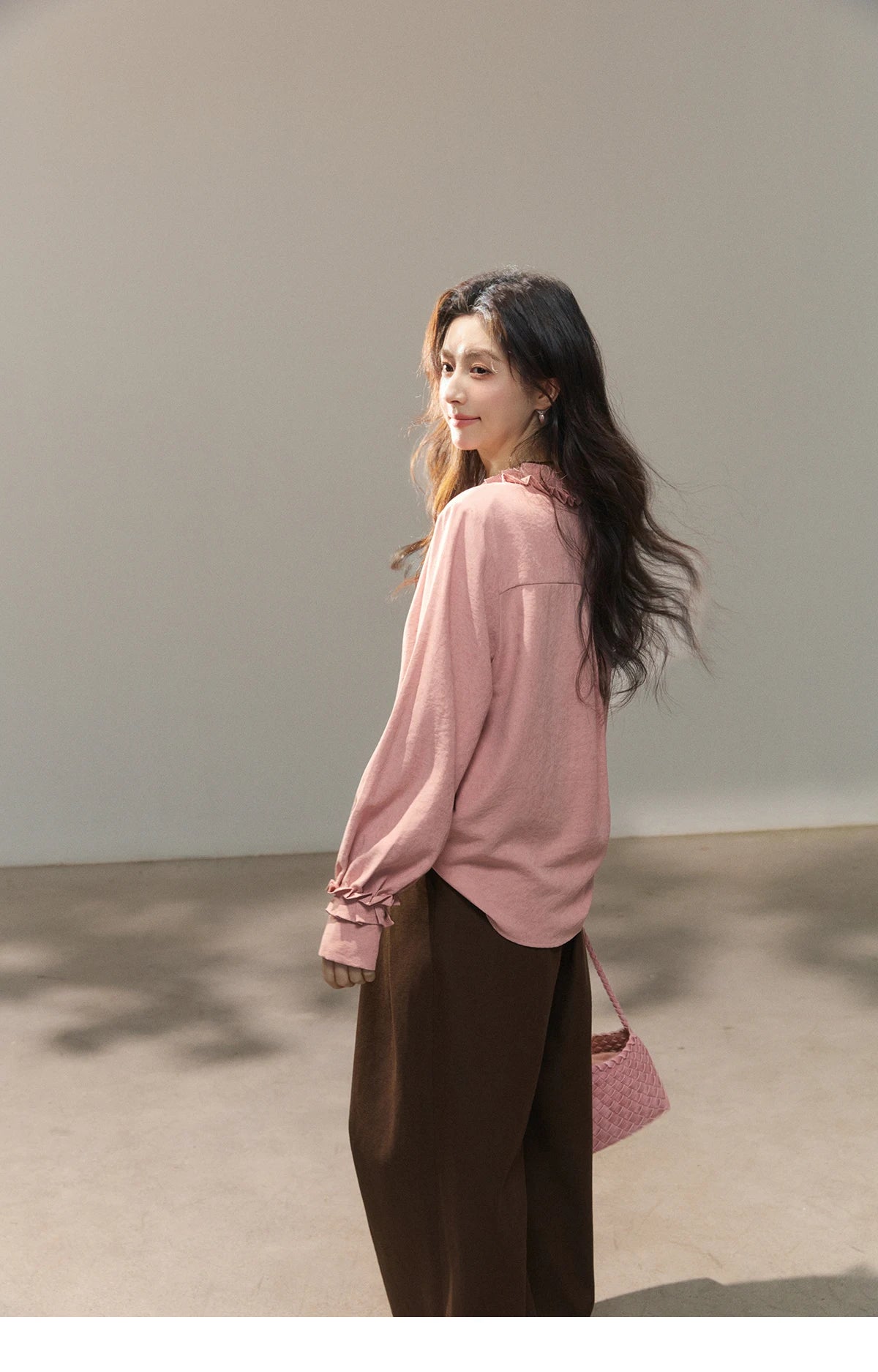 MISHOW Women's Peach Skin Solid Shirt 2026 Spring Ruffled Crew Neck Single-breasted Tops Casual Long Sleeve Shirts MXF11C2431