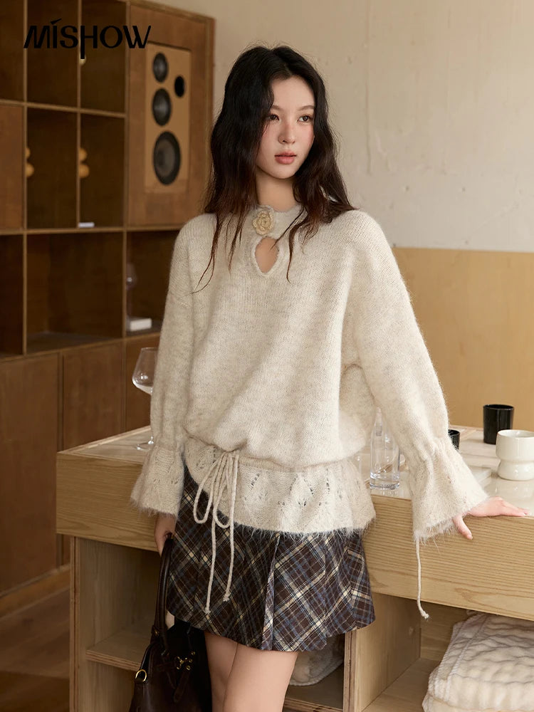 MISHOW Apricot Drawstring Waist Pullovers Women 2025 Winter New Luxury Three-dimensional Flower Hollow Out Sweater MXE88Z2709