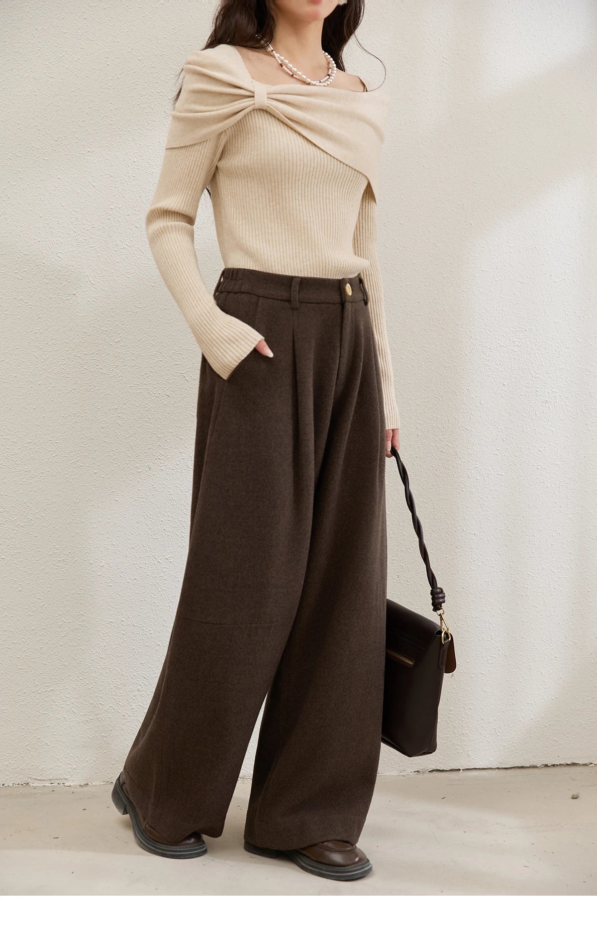MISHOW Women Pants 2025 Autumn Winter Retro Brown Wide-leg Pants High Waist Design Loose Casual Drape Pants MXE88K1122
