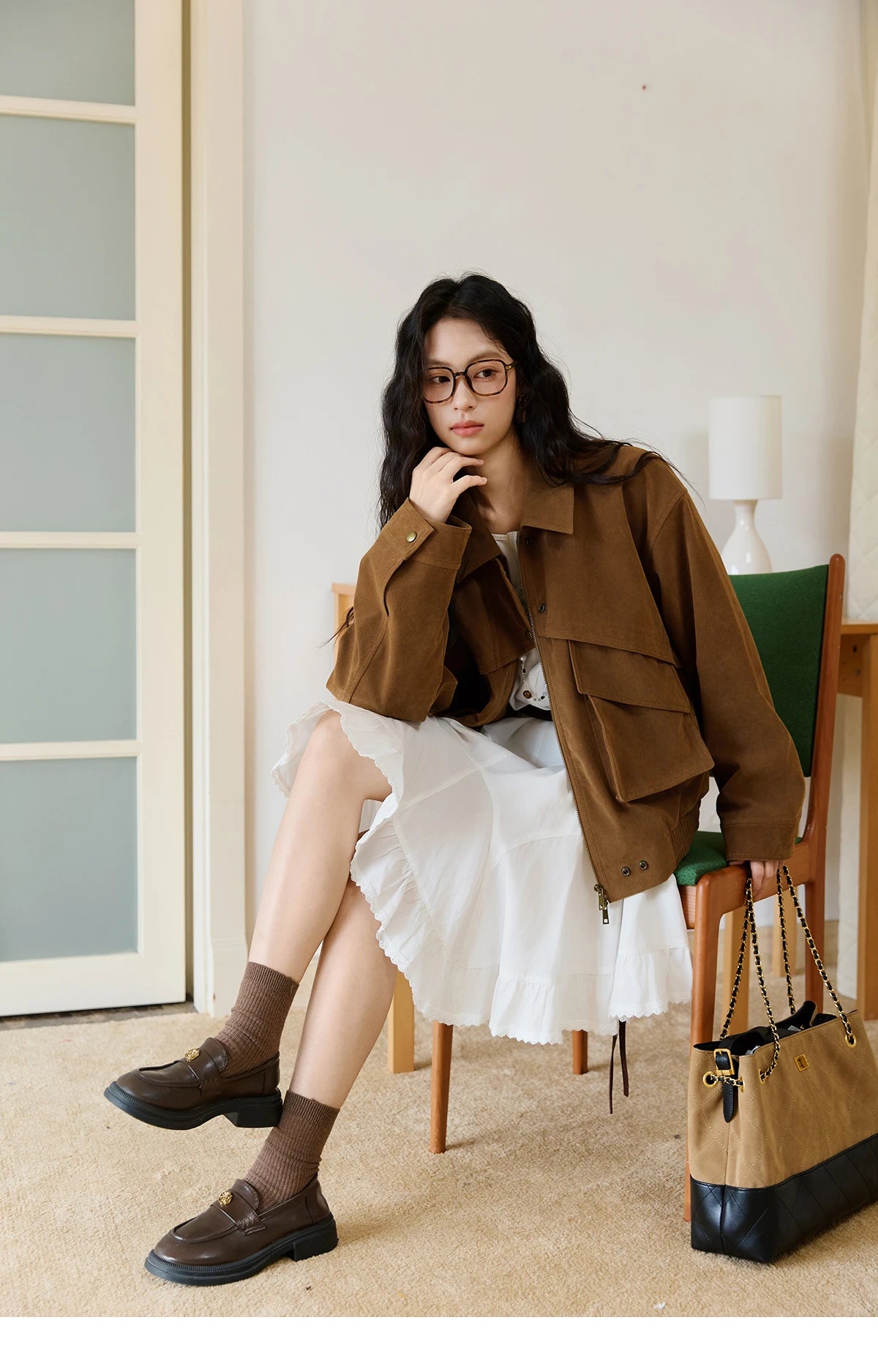 MISHOW Suede Retro Brown Jacket for Women Autumn Winter 2025 Pocket Zipper Loose Coats Lapel Wide-waisted Casual Coat MXE46W0866