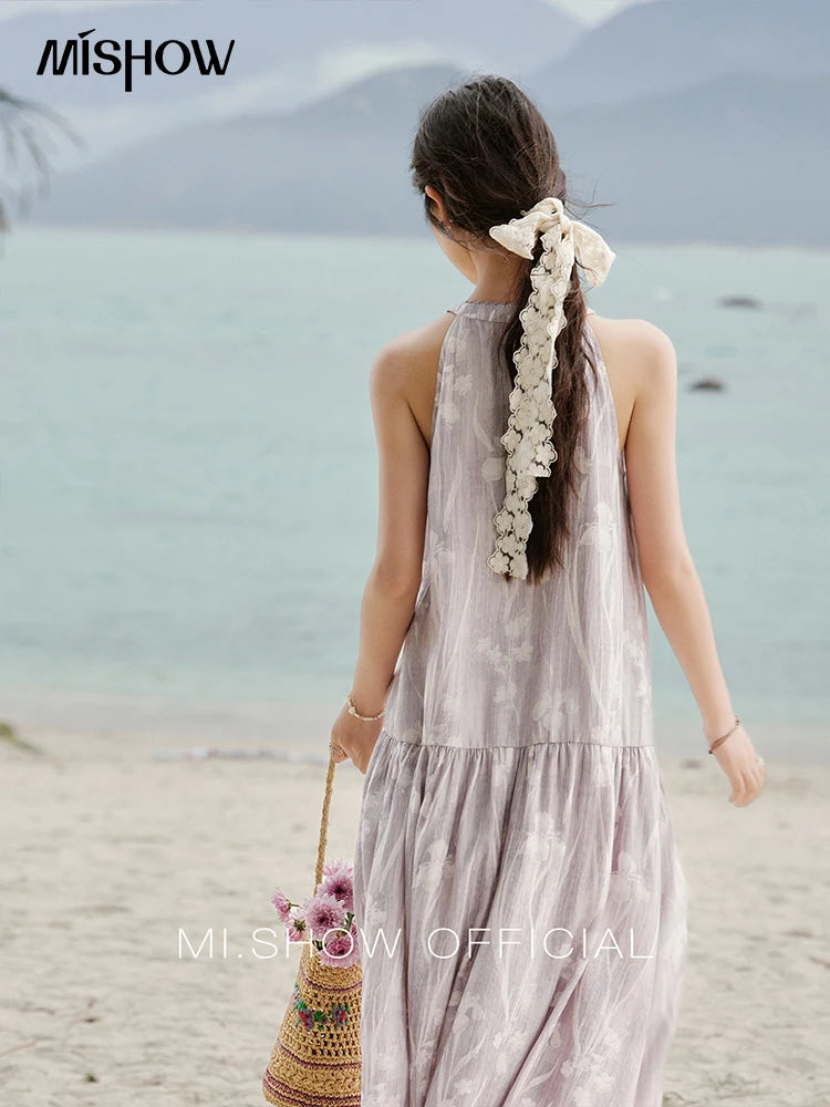 MISHOW Purple Print Chiffon Holiday Dress Women 2025 Summer Sleeveless Stand Collar Slim Dresses Woman New Fashion MXE32L2163