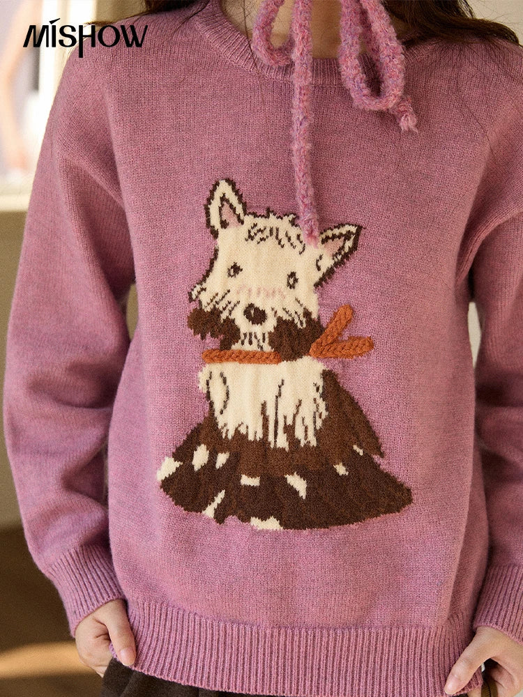 MISHOW Women's Jacquard Dog Thick Sweater Winter Purple Arctic Fleece Loose Soft Knitted Tops (Headband Not Included) MXE88Z2599