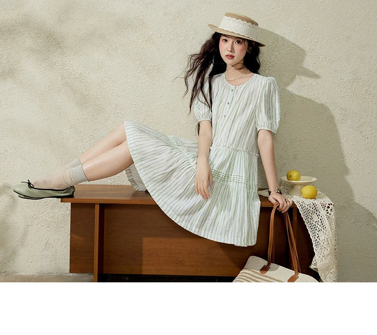 MISHOW French Green Striped Dress Women Summer 2025 Short Puff Sleeve Round Neck New Mid-length Dresses Woman Fashion MXE15L2141