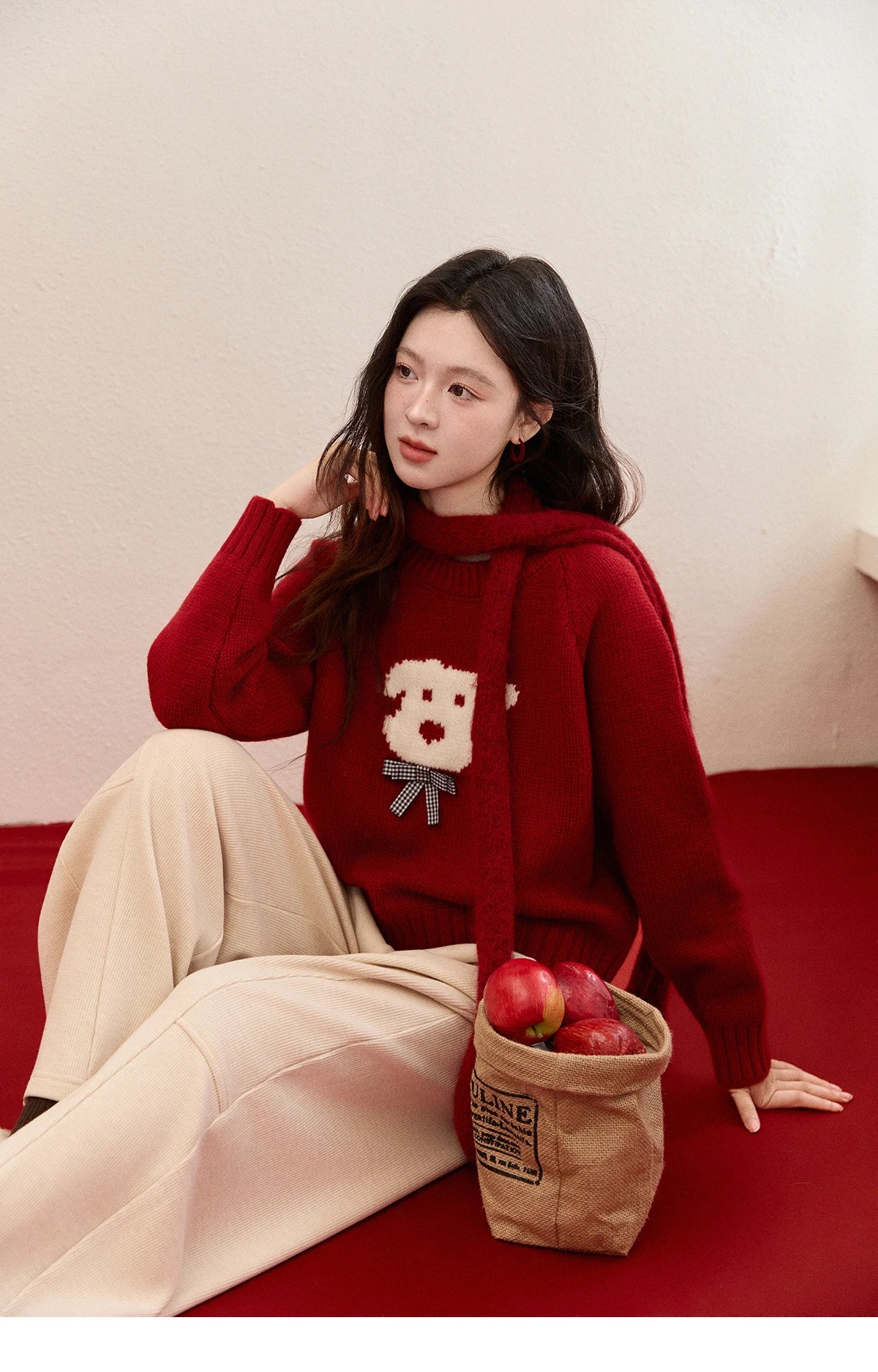 MISHOW New Year Women's Puppy Jacquard Crew Neck Knit Sweater 2026 Spring Loose Casual Red Sweater Excluding Scarf MXE93Z2932
