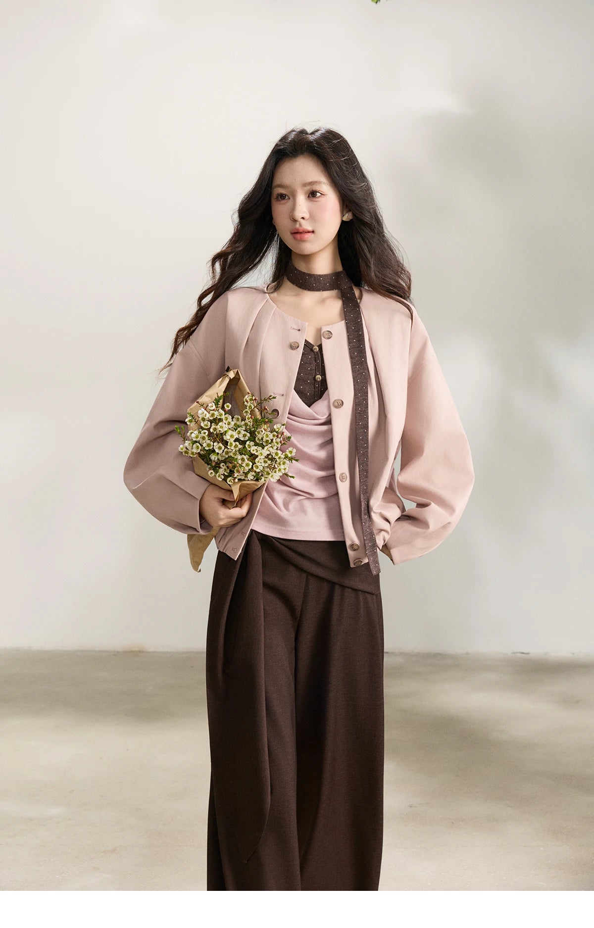 MISHOW Women's Pink Flower Bud Leather Jacket Spring 2026 Crew Neck Single-breasted Coats Casual Loose Cropped Coat MXF108W1001