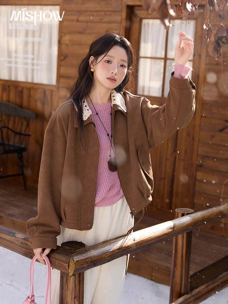 MISHOW Brown Jacket for Women 2025 Autumn Winter Retro Detachable Lace Collar Drawstring Hem Jacket  Women's Clothing MXE45W0846