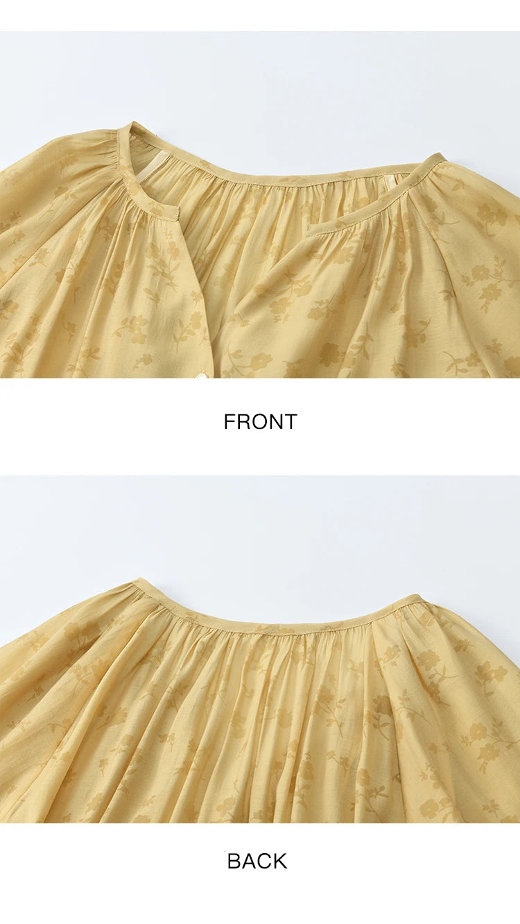 MISHOW Elegant Woman Shirt 2025 Autumn Yellow Printing Lantern Sleeves Shirt Commute Drawstring Waist Lace Trim Top MXE45X2499