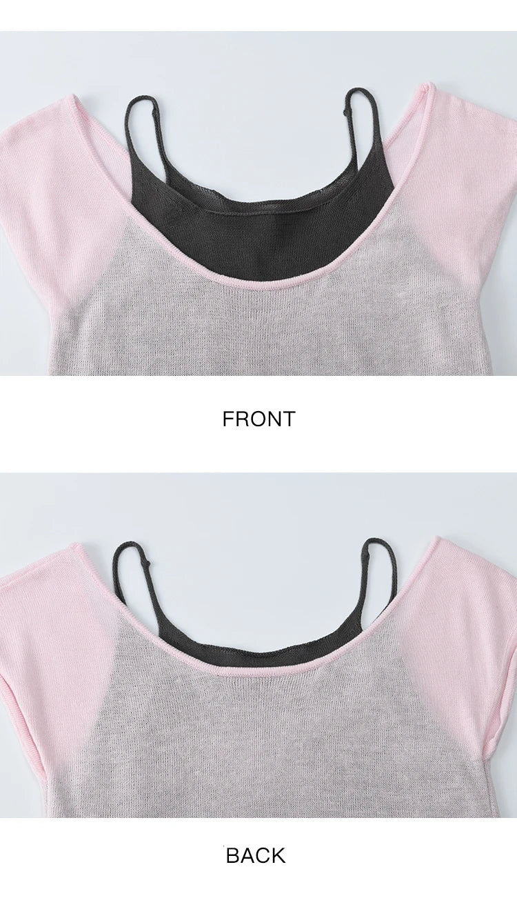 MISHOW Women's Linen Short Sleeve T-shirt 2025 Summer Contrast Color Fake Two-piece Knitted Top Thin Cool Casual Tees MXE36Z1277