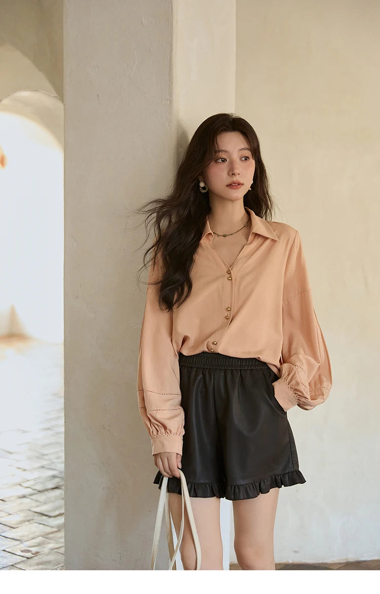 Mishow PU Leather High Waist Ruffle Hem Shorts MXE42K1068