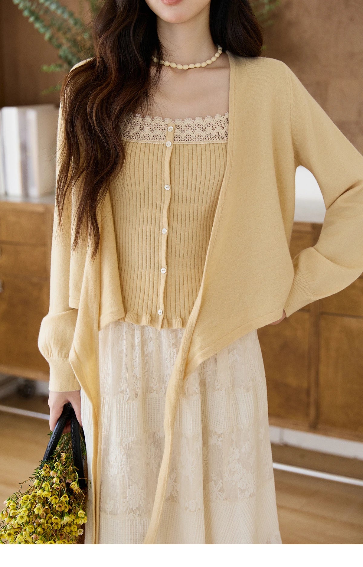 MISHOW Women's Yellow Two-Piece Set 2026 Spring Ruffled Hem Camisole Lace Trim Knitted Cardigan Casual Slim Outfit MXF11T1472