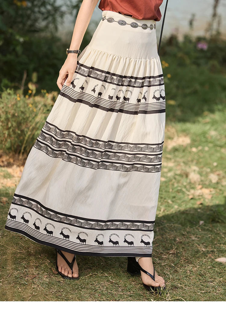 MISHOW Women's Bohemian Print Half Skirt 2025 Summer New Office Lady Fashion High Waist A-line Large Swing Skirt MXE36B0755