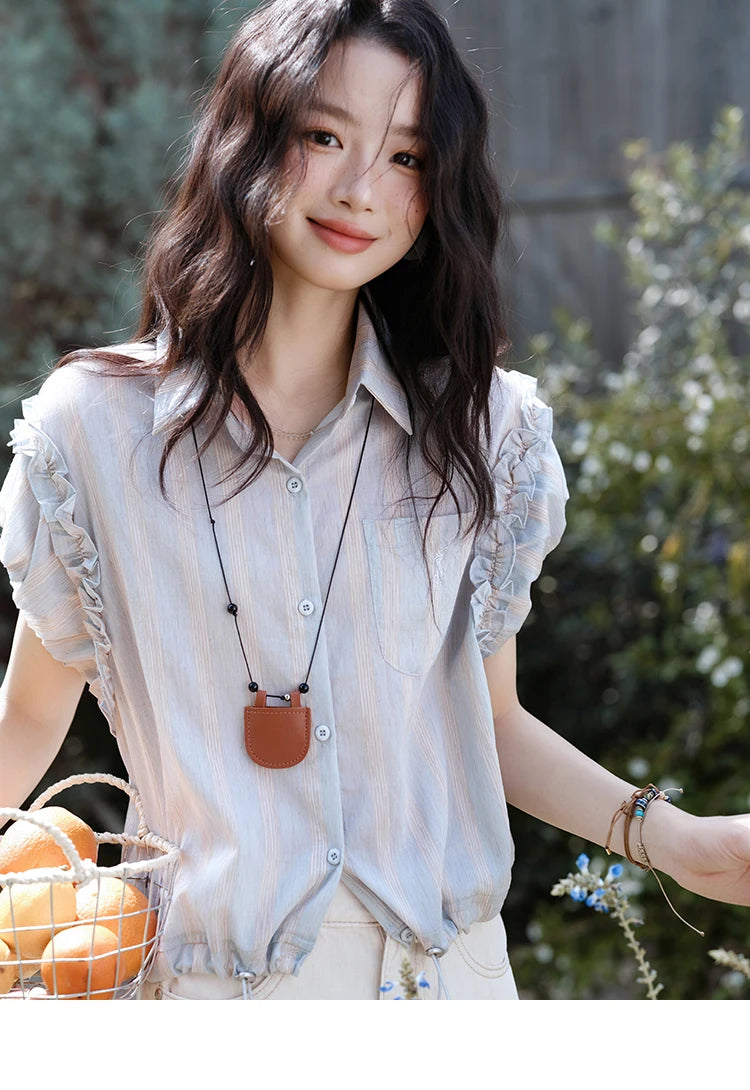 MISHOW Women's Short Sleeve Shirt 2025 Summer Ladies Turn-down Collar Button Shirt Casual Striped Top Female Clothing MXE38C2347