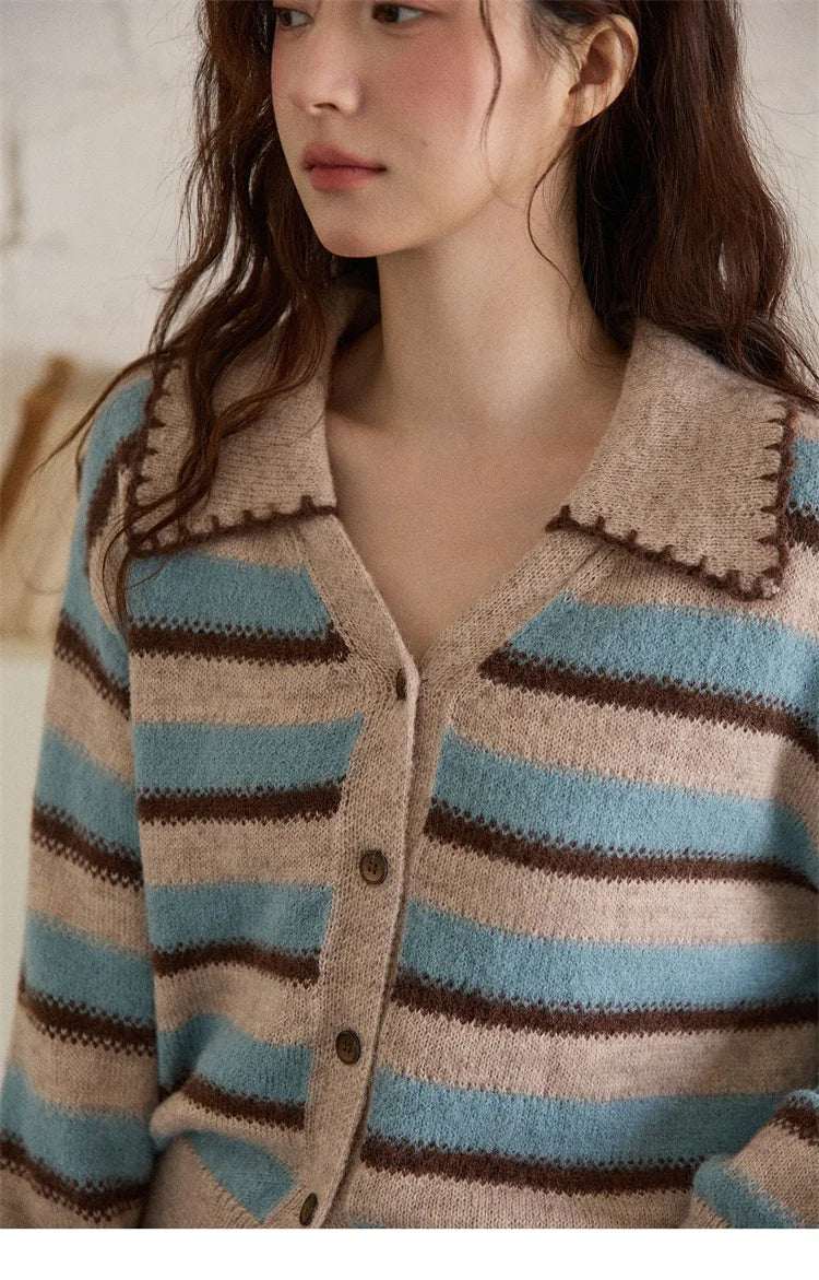 MISHOW Striped Cardigan for Women 2025 Winter Retro Unique Design V-neck Single-breasted Sweater Wool Long Sleeve Top MXE87Z2681