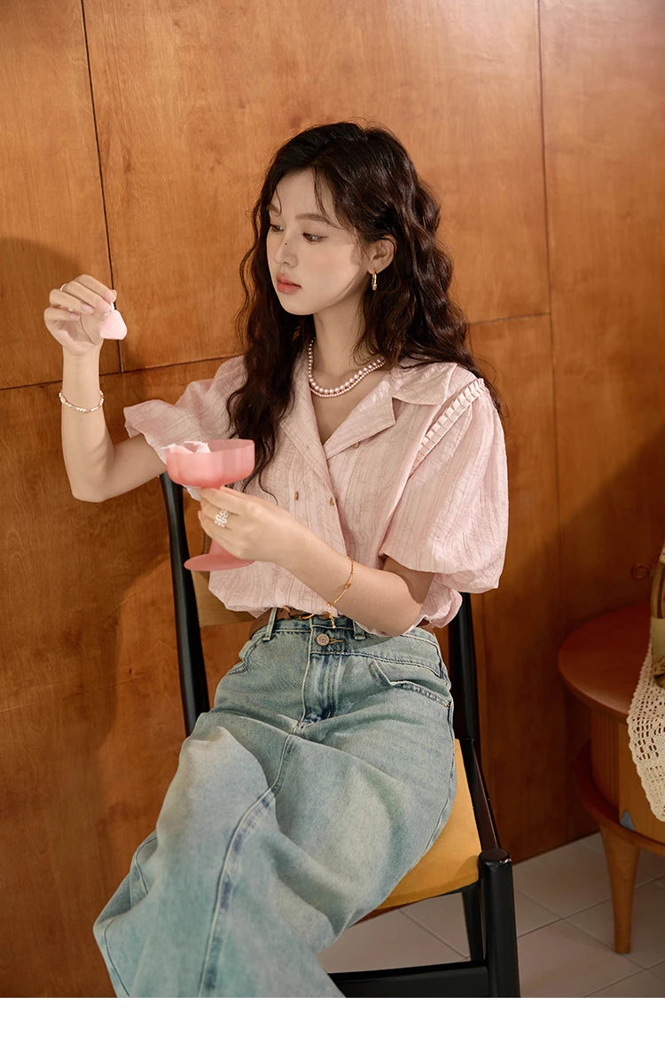 MISHOW Retro Pink Short Sleeved Shirt 2024 Summer V-neck Folded Ruffled Edge Top Elastic Cuffs Lapel Neck Blouses MXD29C0273