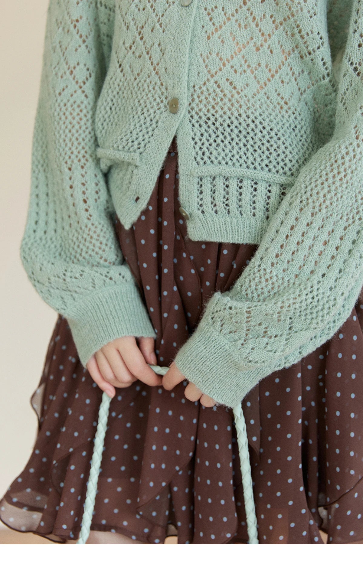 MISHOW Women's Mint Green Knitted Cardigan 2026 Spring Crew Neck Hollow Out Thin Tops Casual Loose Sheer Sweater MXF108Z1046