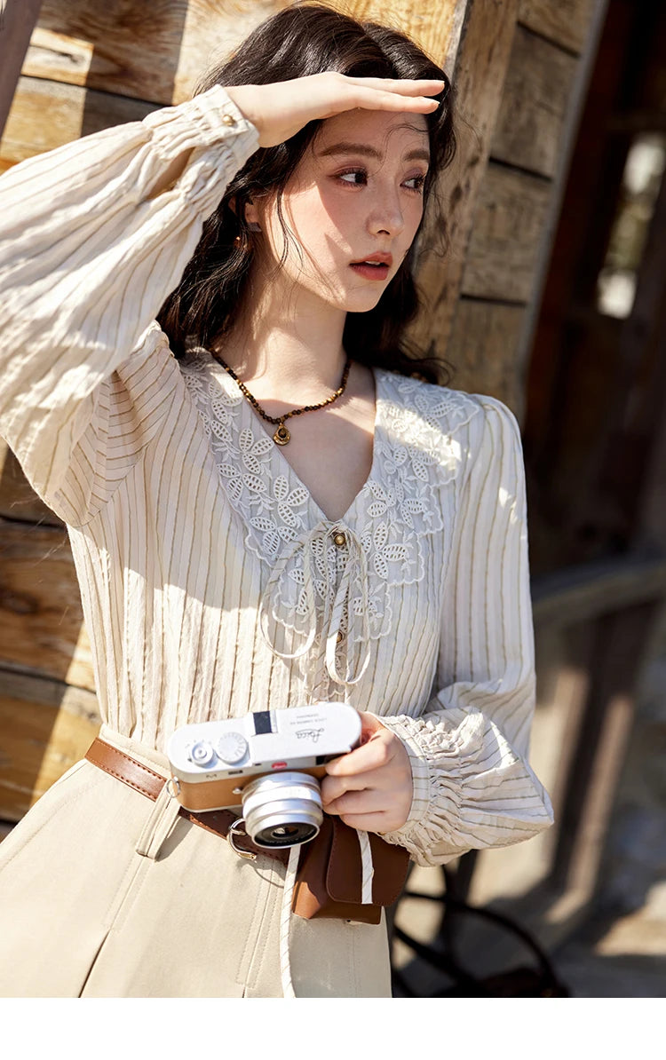 MISHOW French Retro V-neck Lace-up Striped Shirt for Women Spring 2025 Embroidered Lace Long Sleeve Top Casual Shirts MXE12X1715
