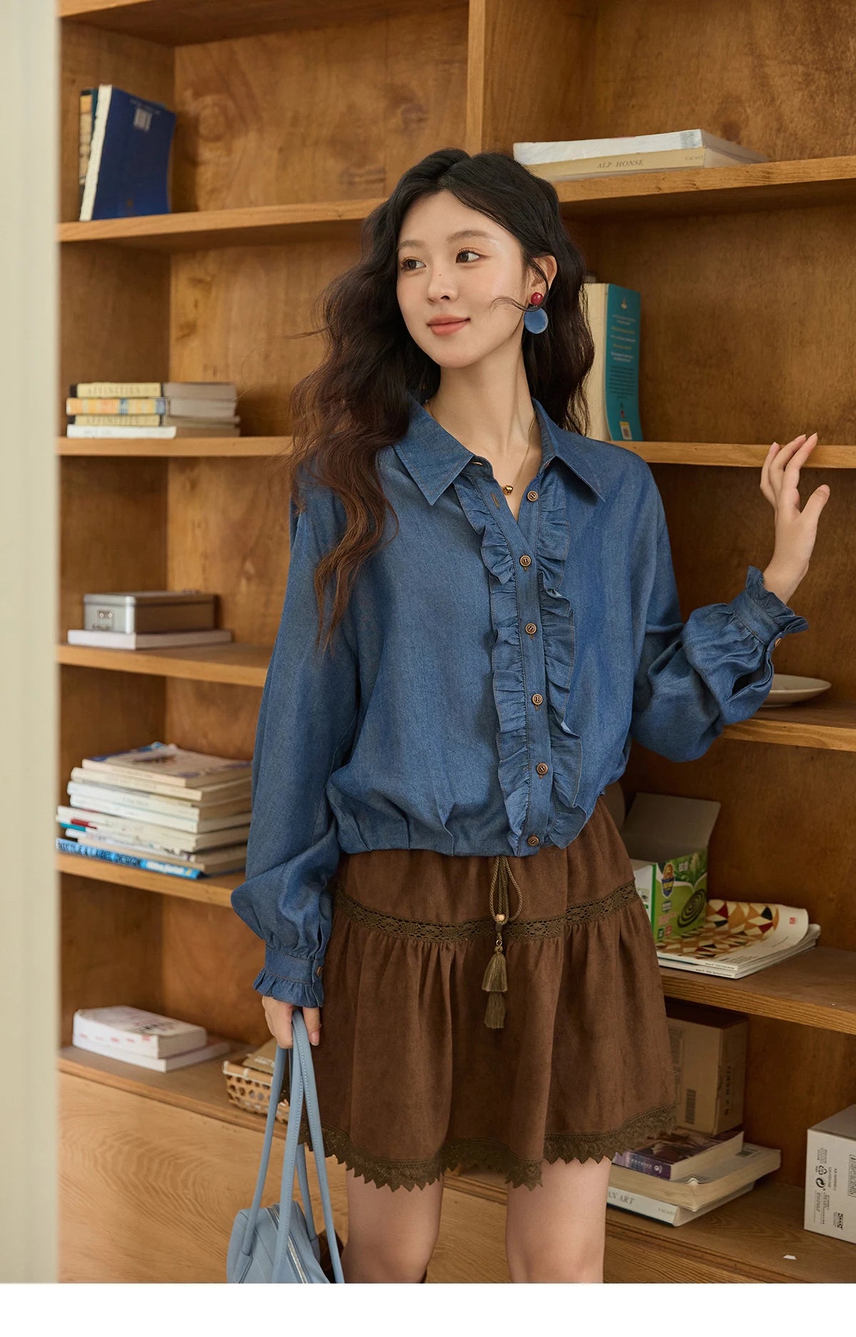 MISHOW Blue Lyocell Imitation Denim Shirt for Women Autumn 2025 Ruffled Placket Contrasting Button Waist Cinc Shirt MXE43C2386