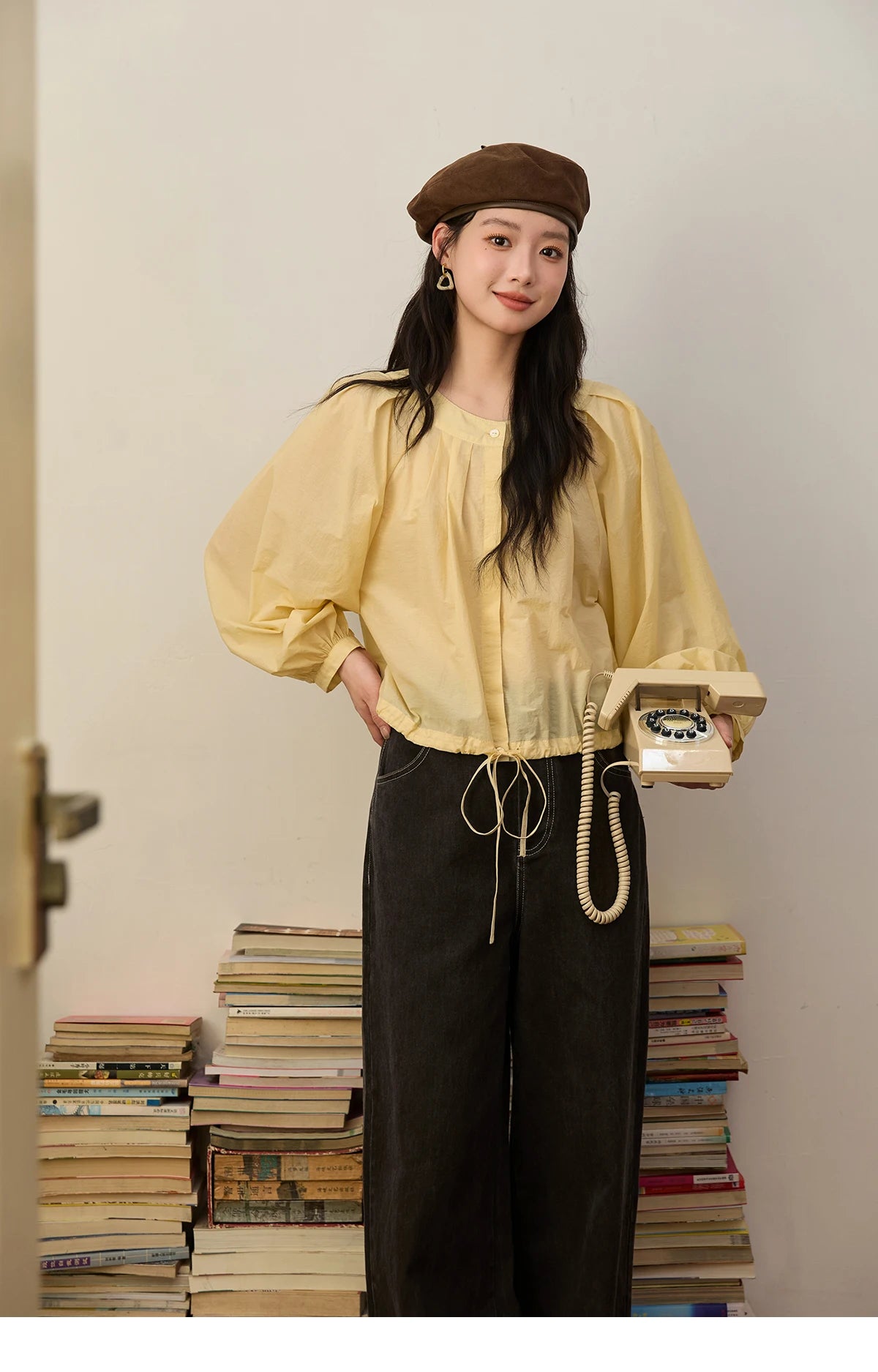 MISHOW Light Yellow Pleated Shirt 2025 Autumn Drawstring Hem Lantern Sleeve Top O-neck Cotton Blend Casual Shirts MXE45X2490