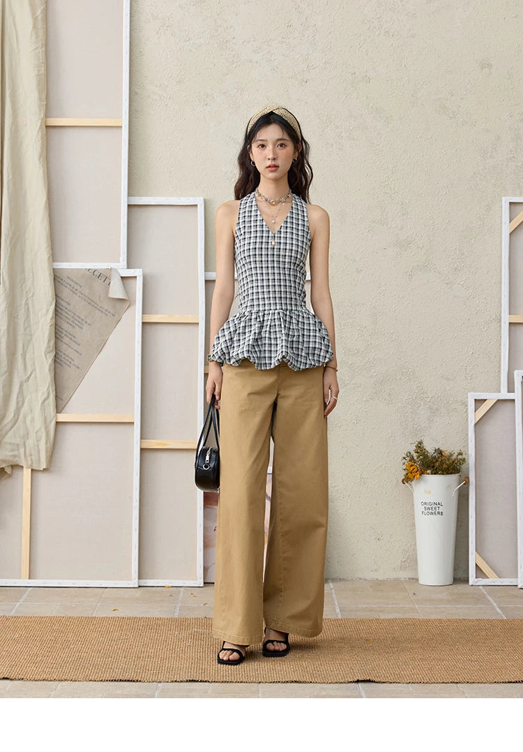 MISHOW 100Cotton Khaki Lace Patchwork Wide Leg Pants for Summer 2025 High Waist Straight Leg Trousers Commuting Pants MXE34K0925