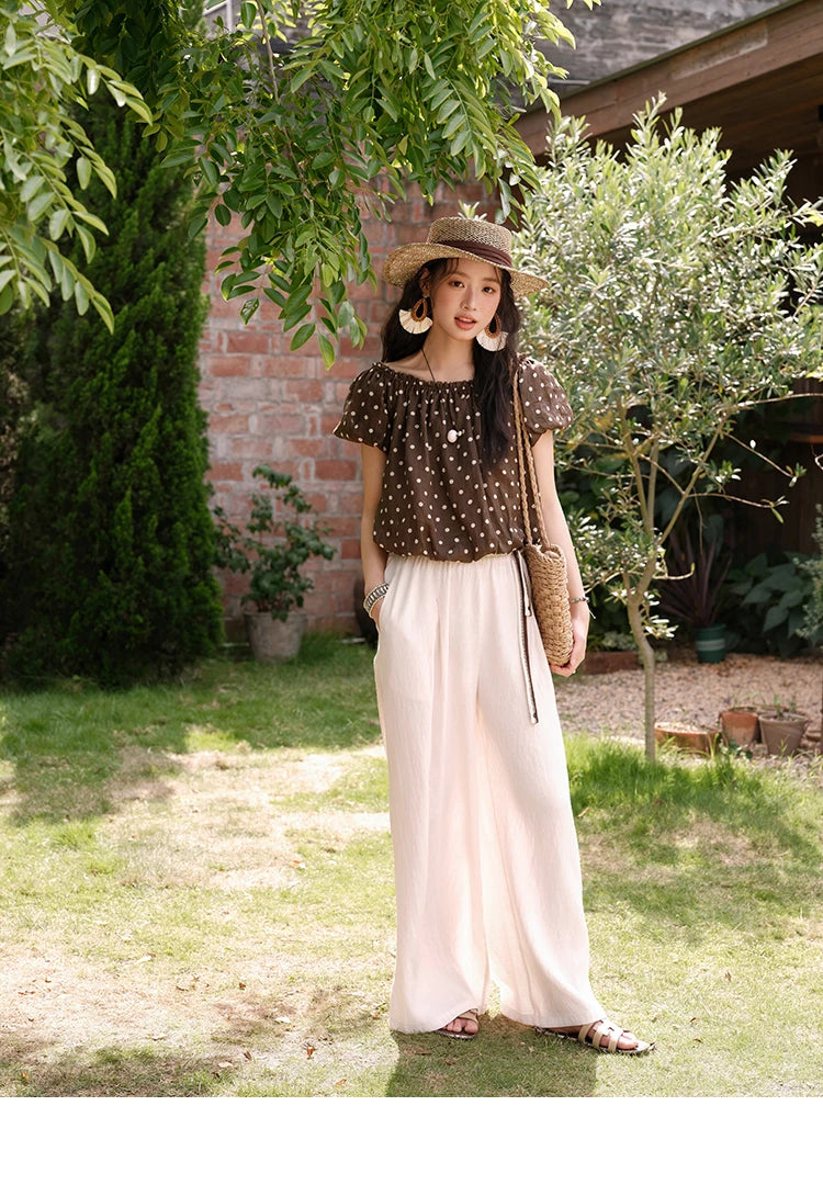 MISHOW Women's Two-Piece Set Fashion Polka Dot One Shoulder Puff Sleeve Blouse Summer 2025 Casual Wide Leg Pants Set MXE38T0683