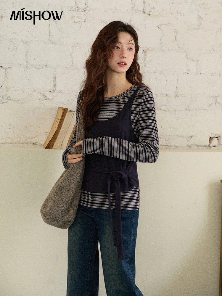 MISHOW Women's Two-Piece Set, 2025 Winter New Retro Casual Round Neck Long Sleeve Striped Top with Tie-Waist Camisole MXE87T1430