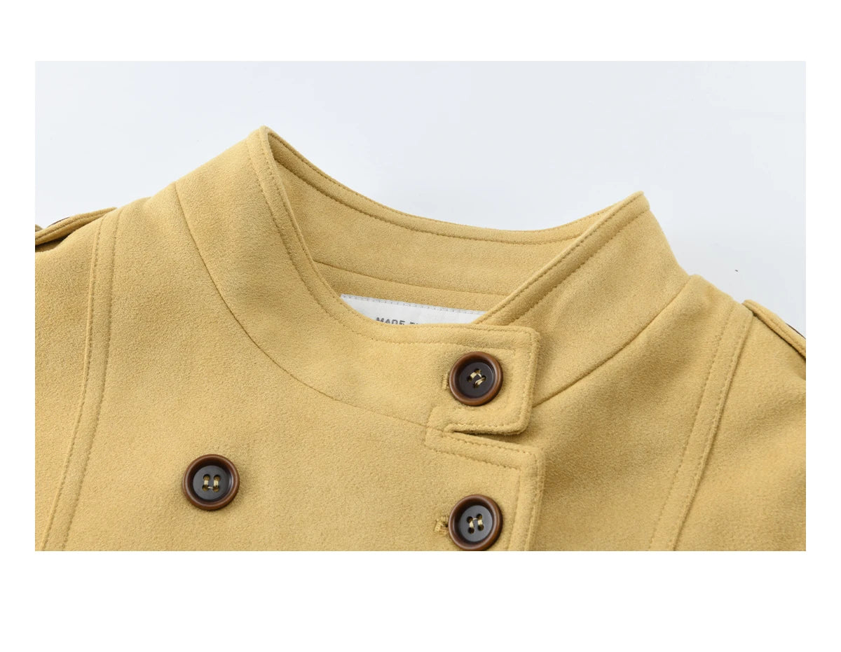 MISHOW Women's Yellow Double-Breasted Trench Stand Collar Coat Adjustable Cuffs Splicing Striped Hem Casual Outerwear MXF11W1026