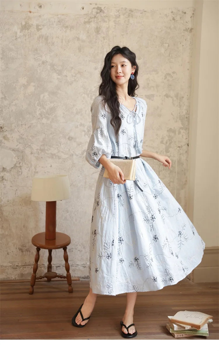 MISHOW Blue Flower Embroidered Dress 2025 Autumn Seven Cent Lantern Sleeve Tassel Tie Rope V-neck Dresses with Belt MXE42L2493