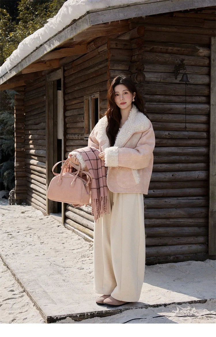 MISHOW Women's Double Sided Wearing Jacket 2025 Winter Lamb Wool Lapel Coat Warm Windproof Commuter Coat with Pockets MXE91W1015