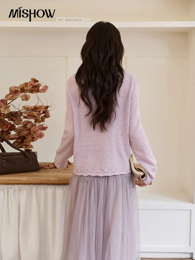 MISHOW Women Long Sleeve Tees 2025 Autumn New V-neck Wood Ear Hollow Out Knitted Sweater Women's  Beige Wool Top MXE51Z2595