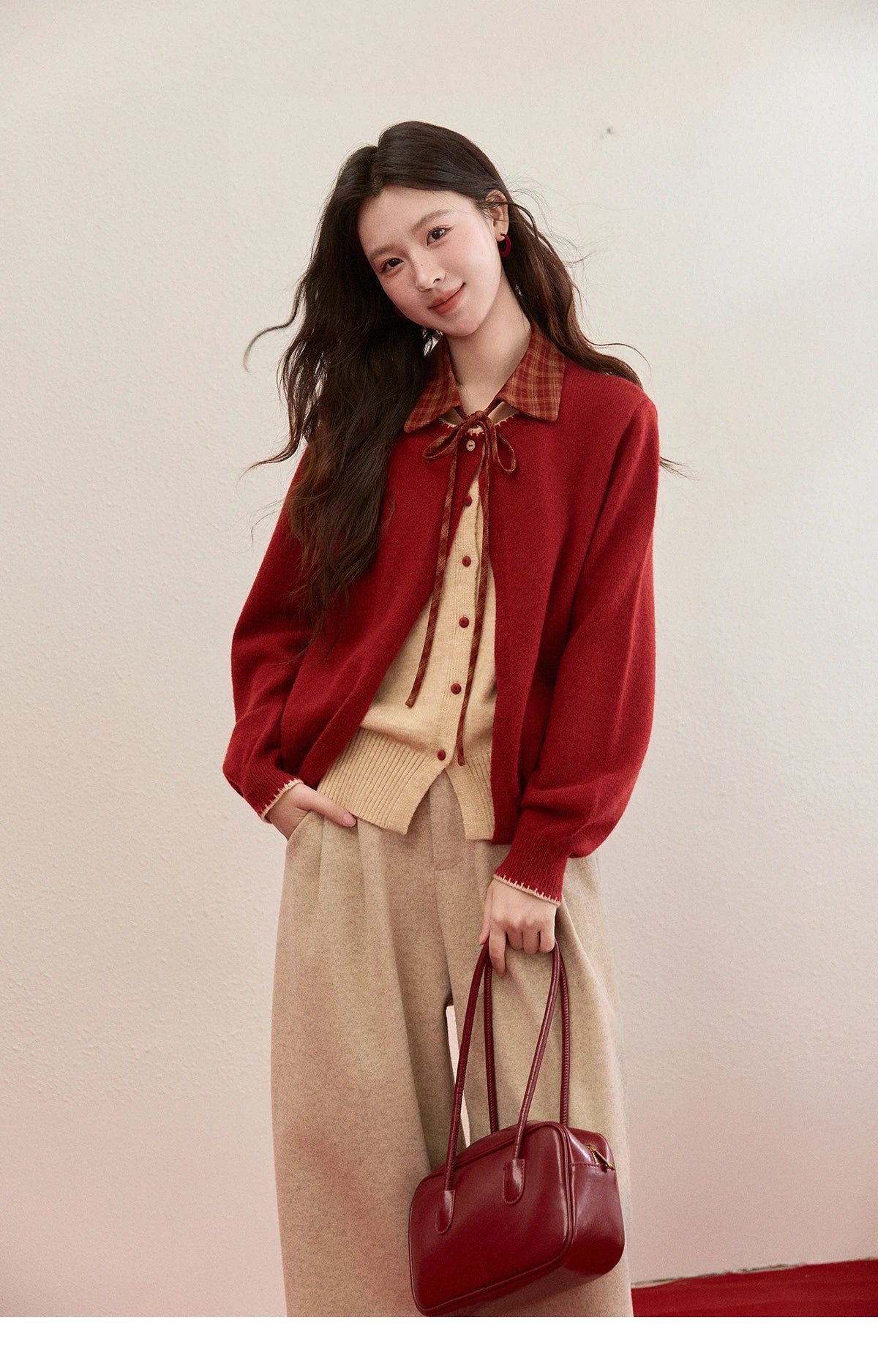 MISHOW Color Block Contrast Fake Two-Piece Cardigan Women Winter Removable Plaid Collar Tie Thickened Knitted Sweater MXE93Z2816