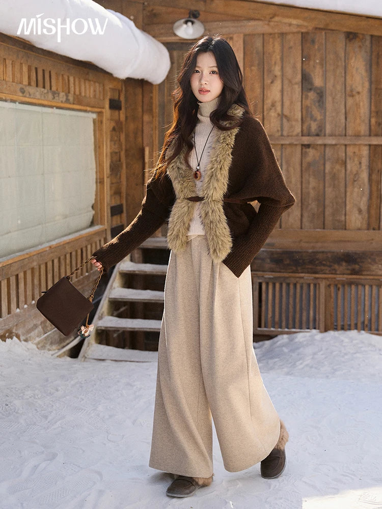 MISHOW Women's Brown Knitted Cardigan 2025 Winter Faux Fur Collar Batwing Sleeve Tops Warm Loose Outerwear Beltless MXE94Z2954
