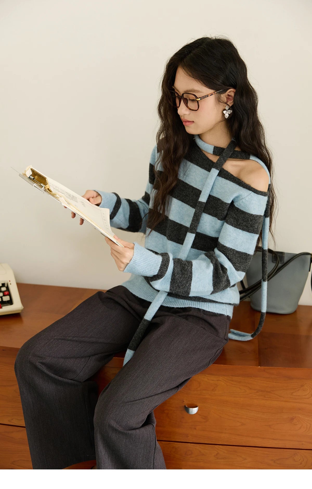 MISHOW Blue Gray Stripe Knitted Top 2025 Autumn Slanted Shoulder Collar Sweaters with Ribbon Loose Wool Blend Sweater MXE46Z2540