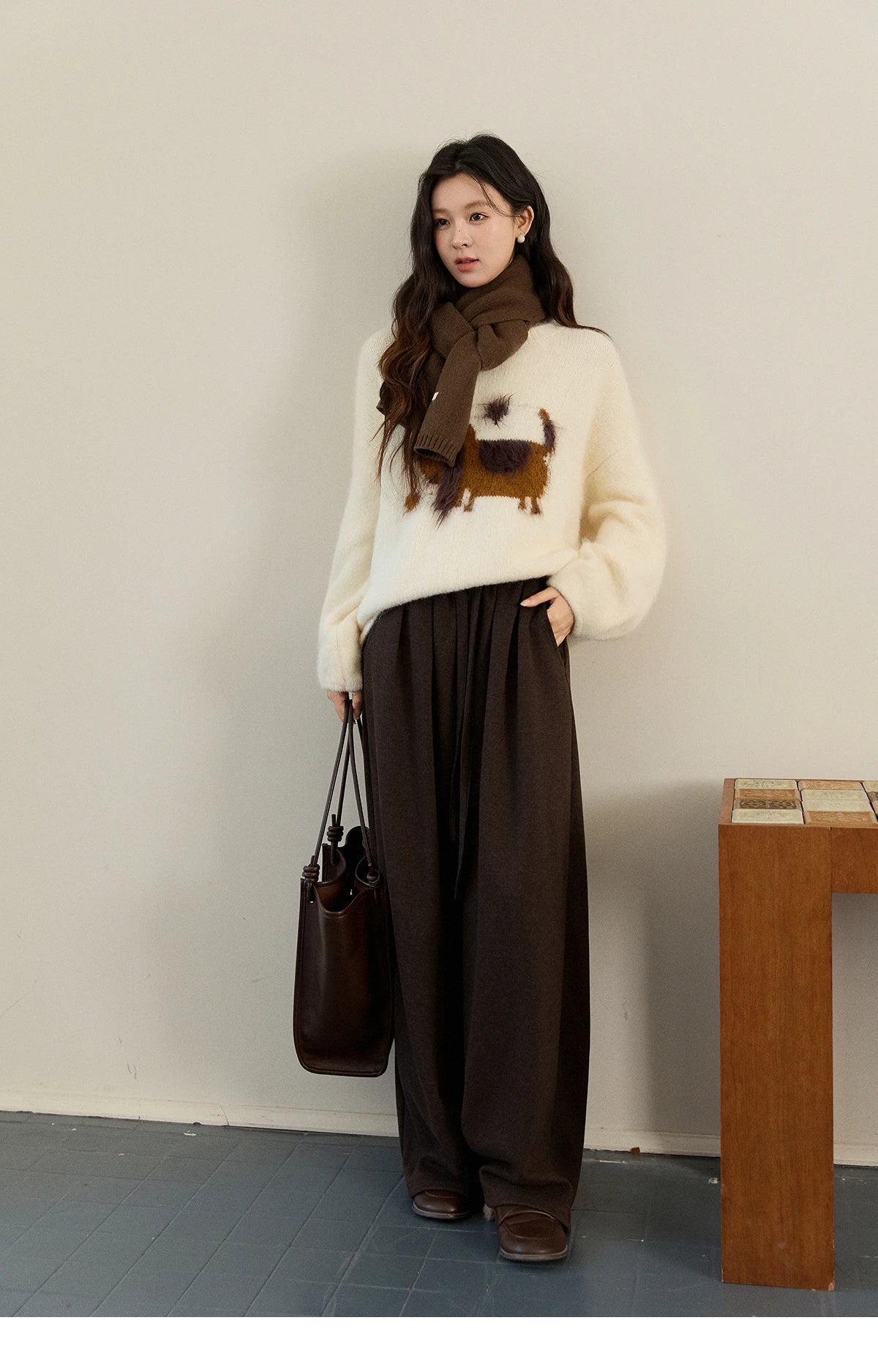 MISHOW Women's Solid Knitted Sweater 2025 Autumn Winter Dog Pattern Jacquard Crew Neck Fluffy Warm Loose Pullover Top MXE94Z2988