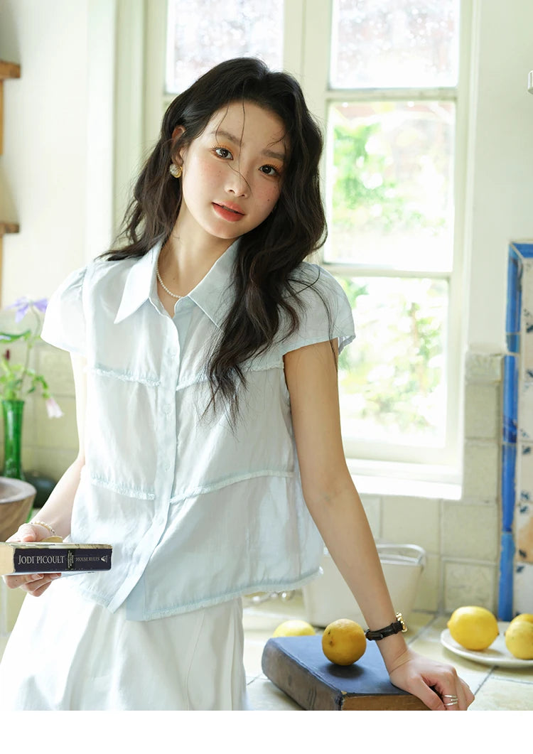 MISHOW Women's Turn-down Collar Button Casual Shirt 2025 Summer New Ladies Wear Edge Splicing Commut Short Sleeve Top MXE39C2363