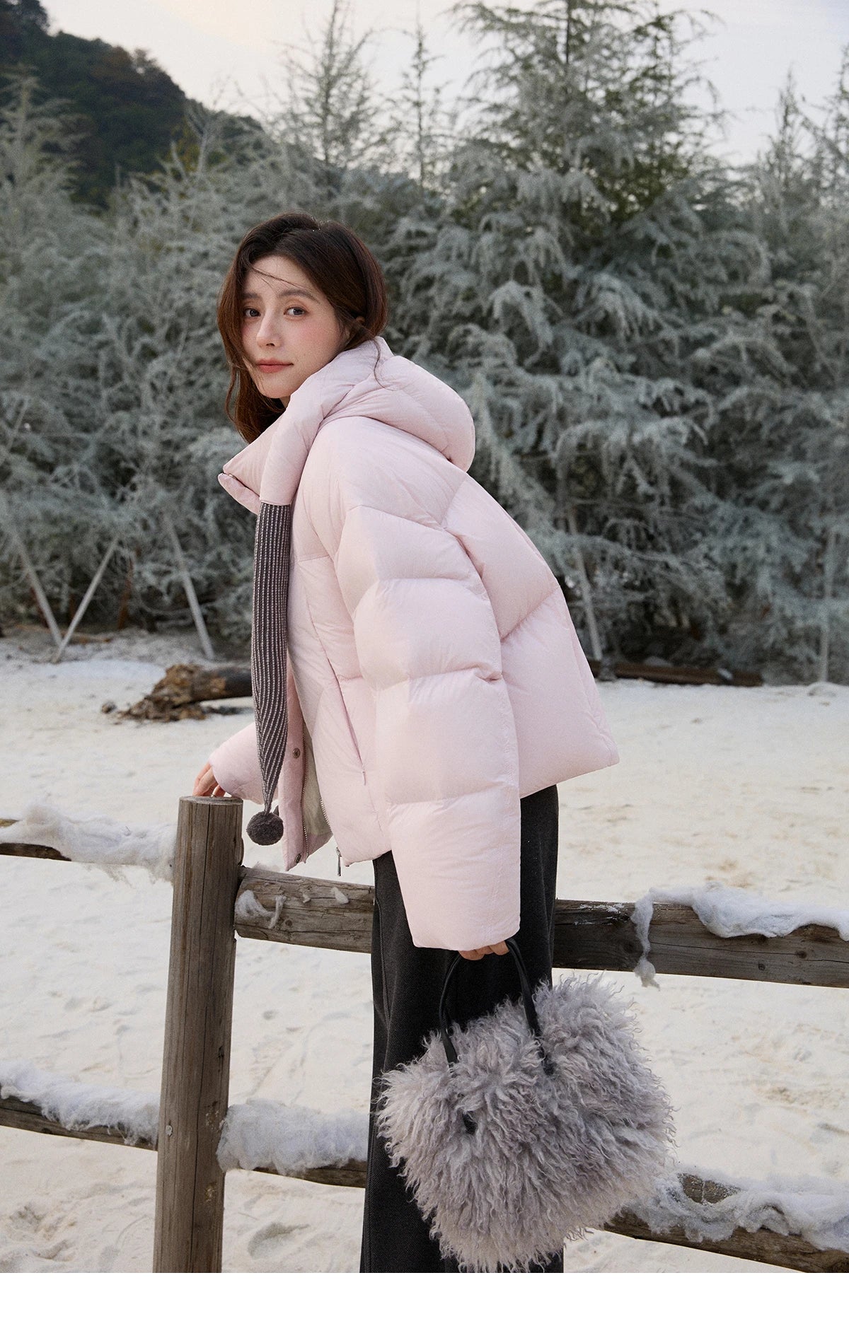 MISHOW Women's Pom-Pom Hooded Down Jacket 2025 Winter Sweet Short Lightweight Down Jackets Warm Windproof Coat MXE92Y0088