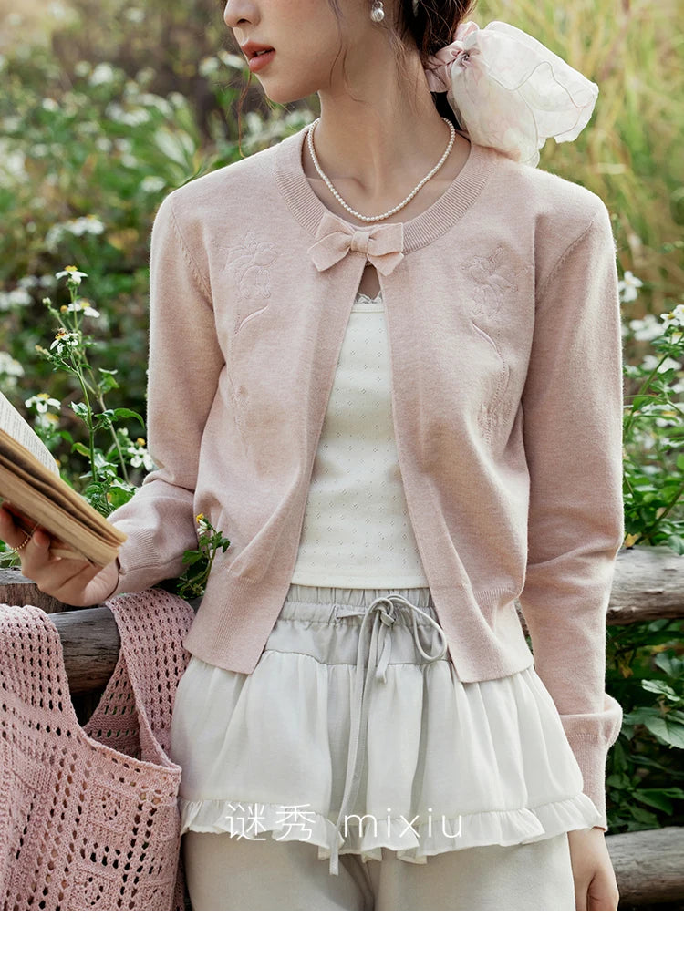 MISHOW Women's Iris Embroidery Round Neck Cardigan 2025 Spring Loose Knitted Thin Bow Design（Not Include Lace Vest）MXE13Z1142