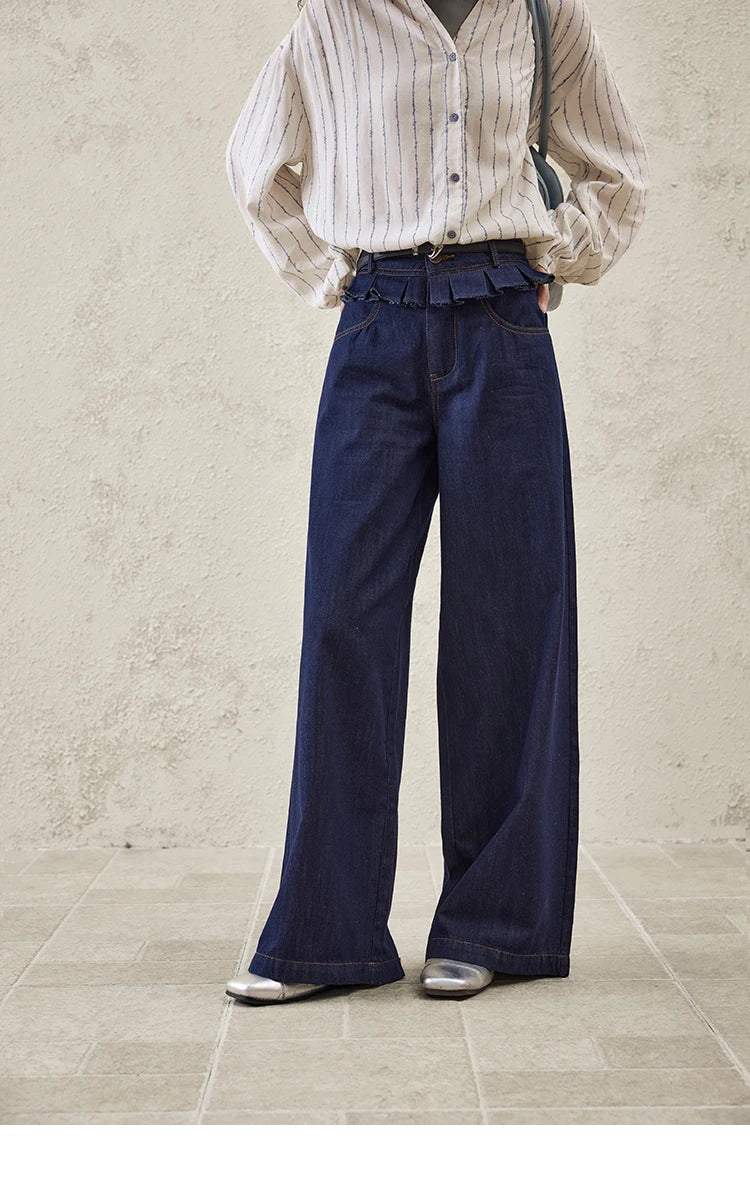 MISHOW Casual Spring Summer Jeans for Women 2025 Stitching Ruffle High Waist Jeans Female New Fashion Wide Leg Pants MXE16K0907