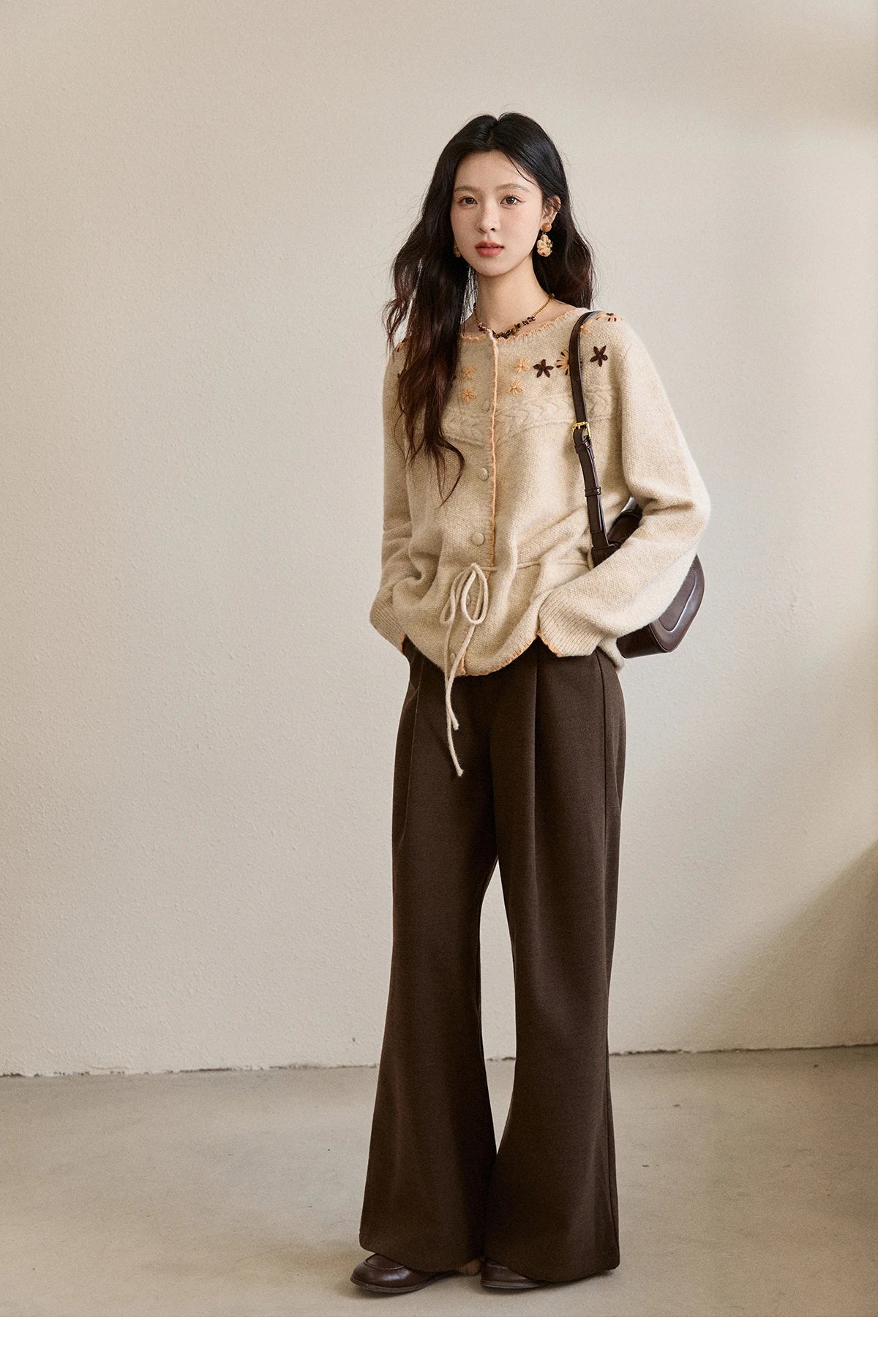 MISHOW Women's Apricot Hand-Embroidered Cardigan 2025 Winter Wool Blend Sweater Waist Tie Crochet Thick Warm Knitwear MXE87Z2702